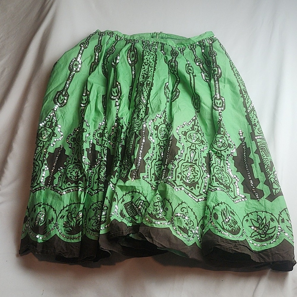 WD NY Midi Skirt Paisley Sequin Green Black Women's Size 8